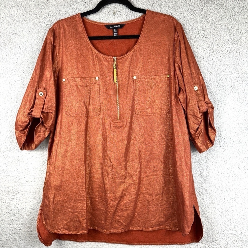 Ellen Tracy Top Womens Large Orange Metallic Linen Rayon Roll Tab Copper Tunic‎